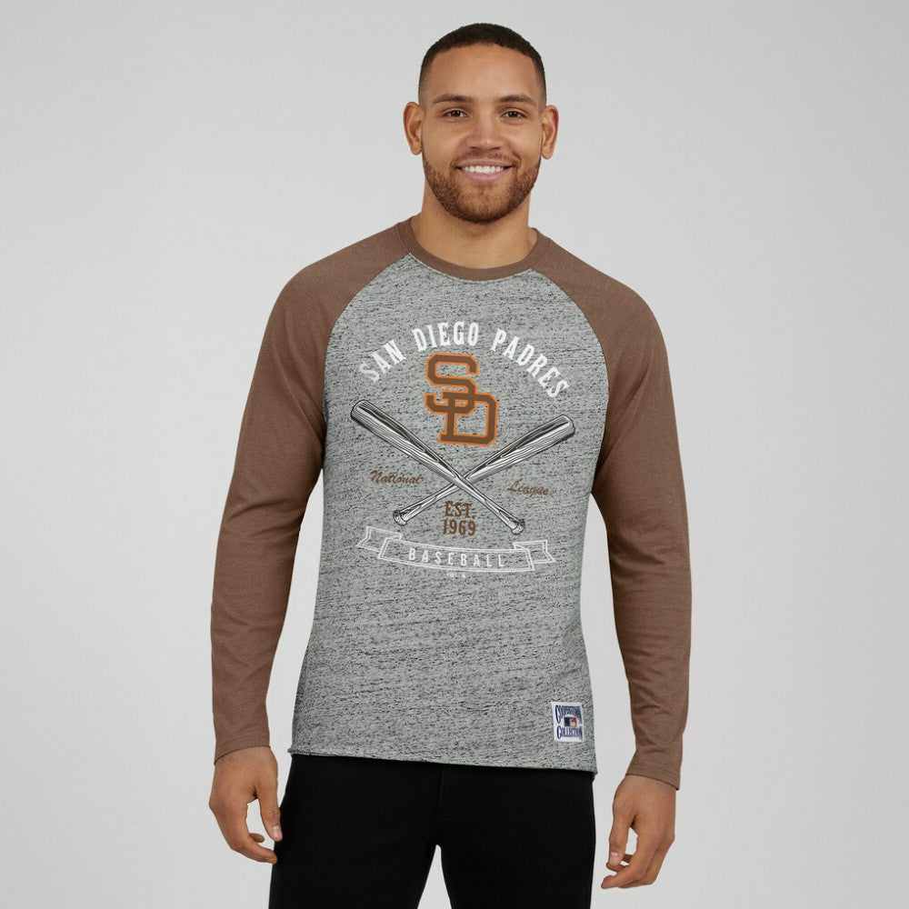 San Diego Padres Darius Rucker Collection by Fanatics Raw Edge Raglan Long Sleeve Baseball T-Shirt - Heather Gray - Fanatics on Sale
