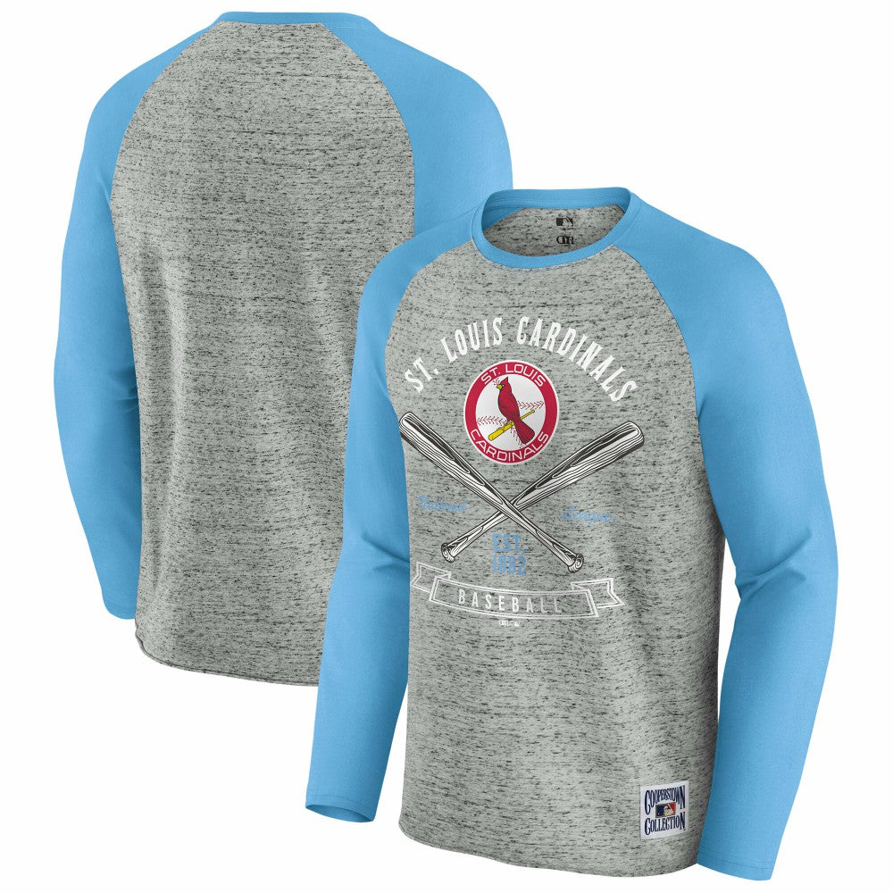 St. Louis Cardinals Darius Rucker Collection by Fanatics Raw Edge Raglan Long Sleeve Baseball T-Shirt - Heather Gray - Fanatics Discount