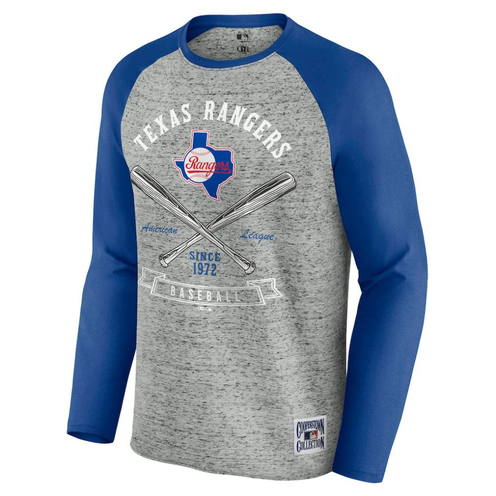 Texas Rangers Darius Rucker Collection by Fanatics Raw Edge Raglan Long Sleeve Baseball T-Shirt - Heather Gray - Fanatics on Sale