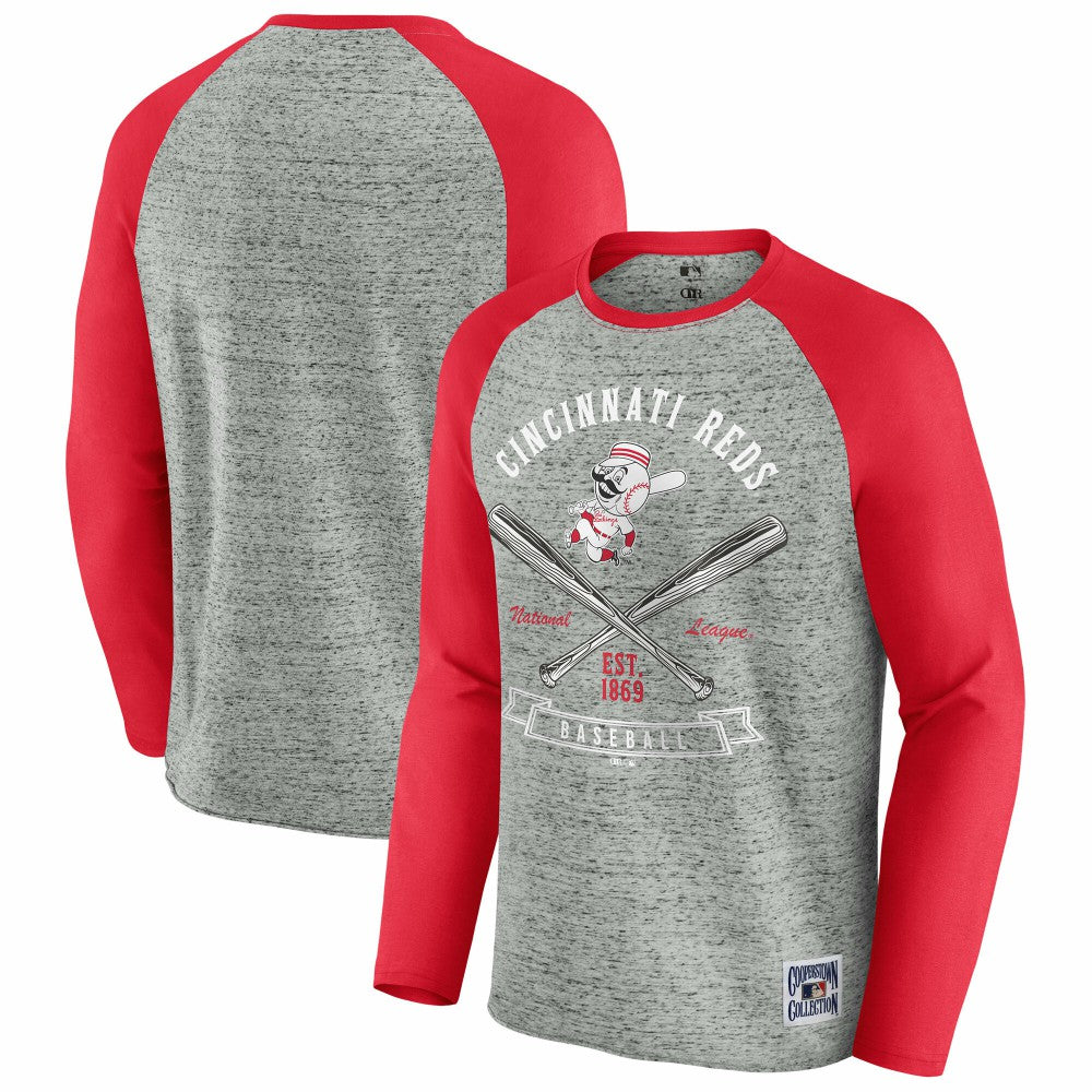 Cincinnati Reds Darius Rucker Collection by Fanatics Raw Edge Raglan Long Sleeve Baseball T-Shirt - Heather Gray - Fanatics Lifestyle