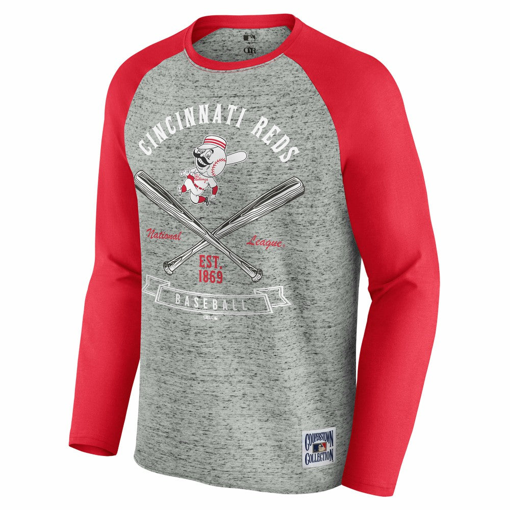 Cincinnati Reds Darius Rucker Collection by Fanatics Raw Edge Raglan Long Sleeve Baseball T-Shirt - Heather Gray - Fanatics Lifestyle