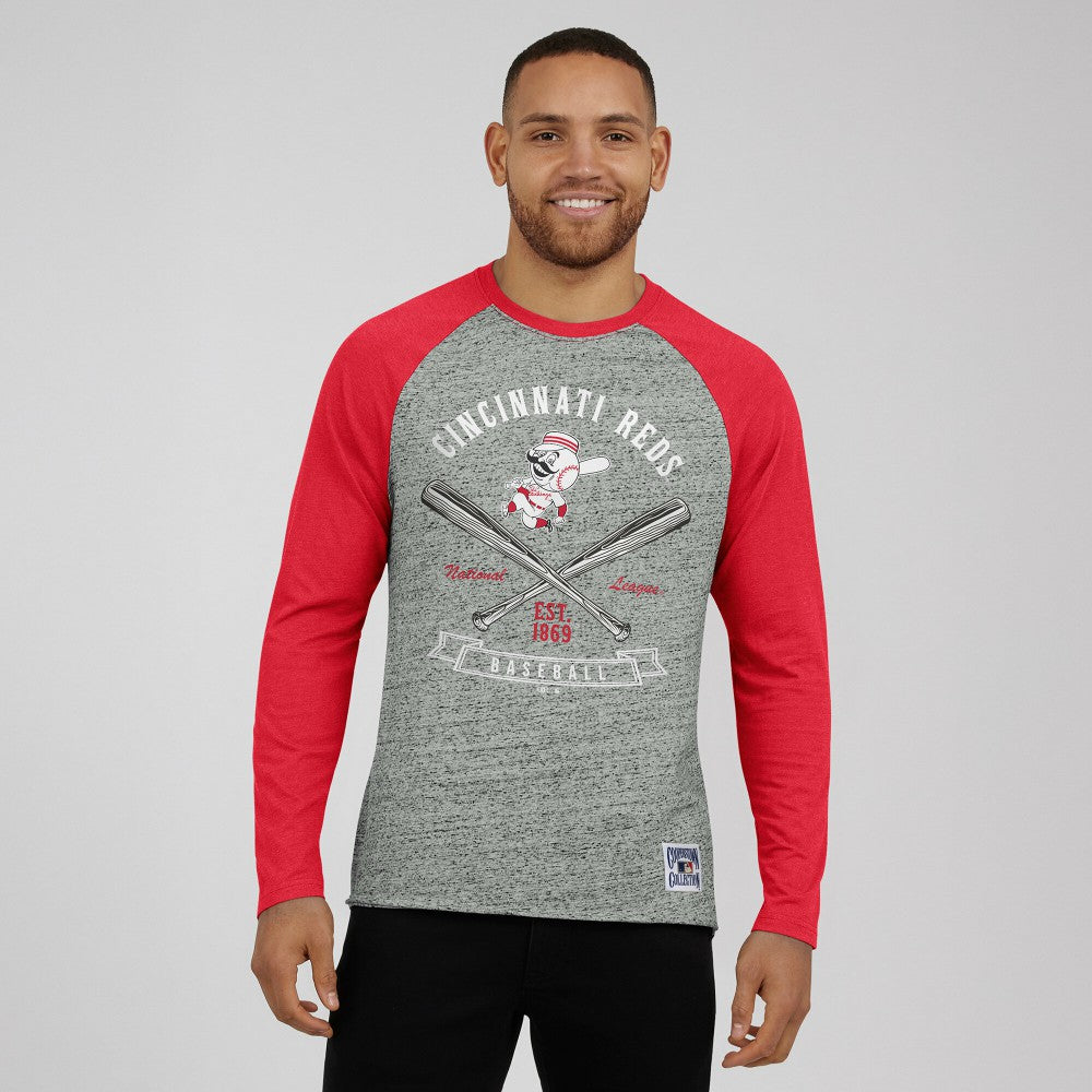 Cincinnati Reds Darius Rucker Collection by Fanatics Raw Edge Raglan Long Sleeve Baseball T-Shirt - Heather Gray - Fanatics Lifestyle