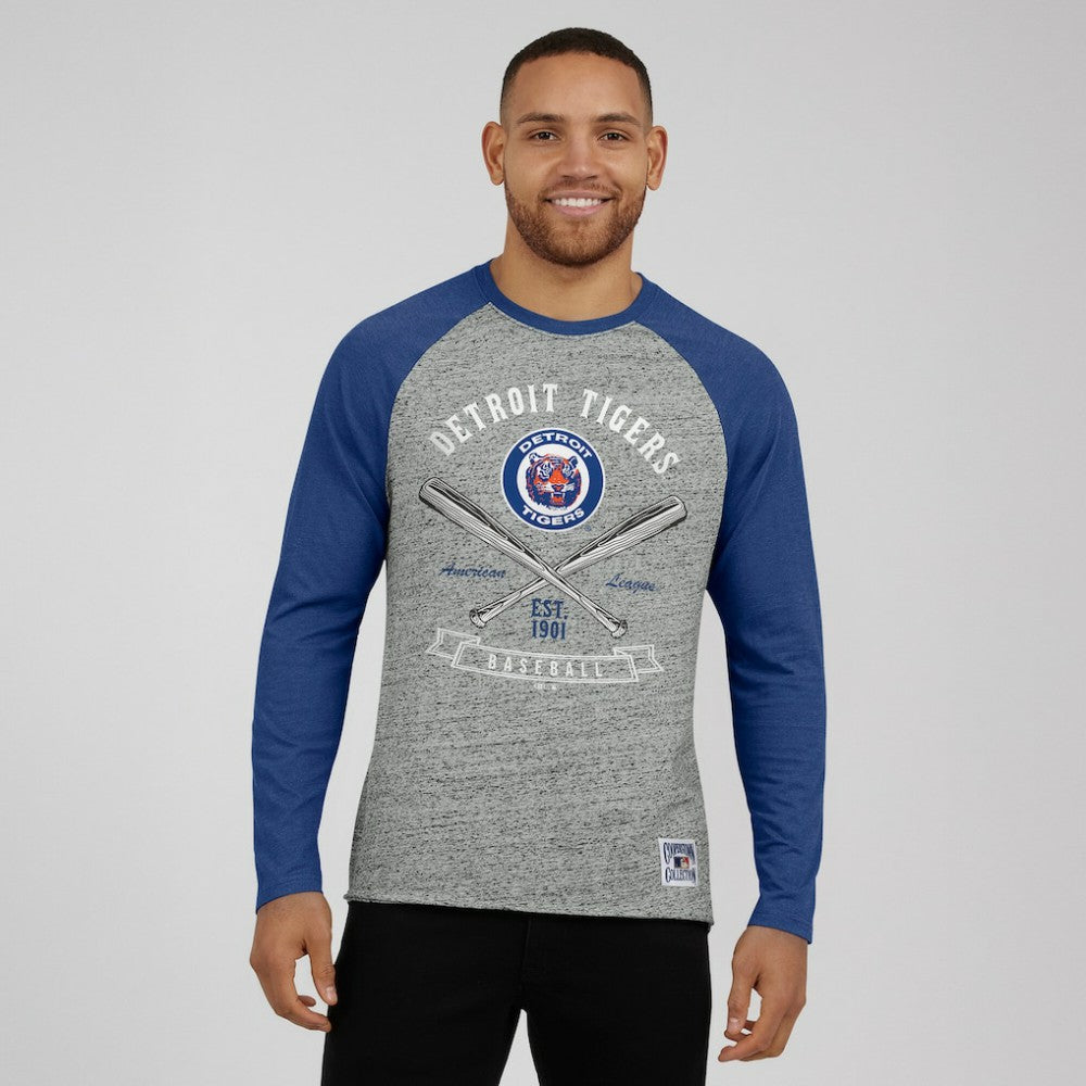 Detroit Tigers Darius Rucker Collection by Fanatics Raw Edge Raglan Long Sleeve Baseball T-Shirt - Heather Gray - Fanatics Lifestyle