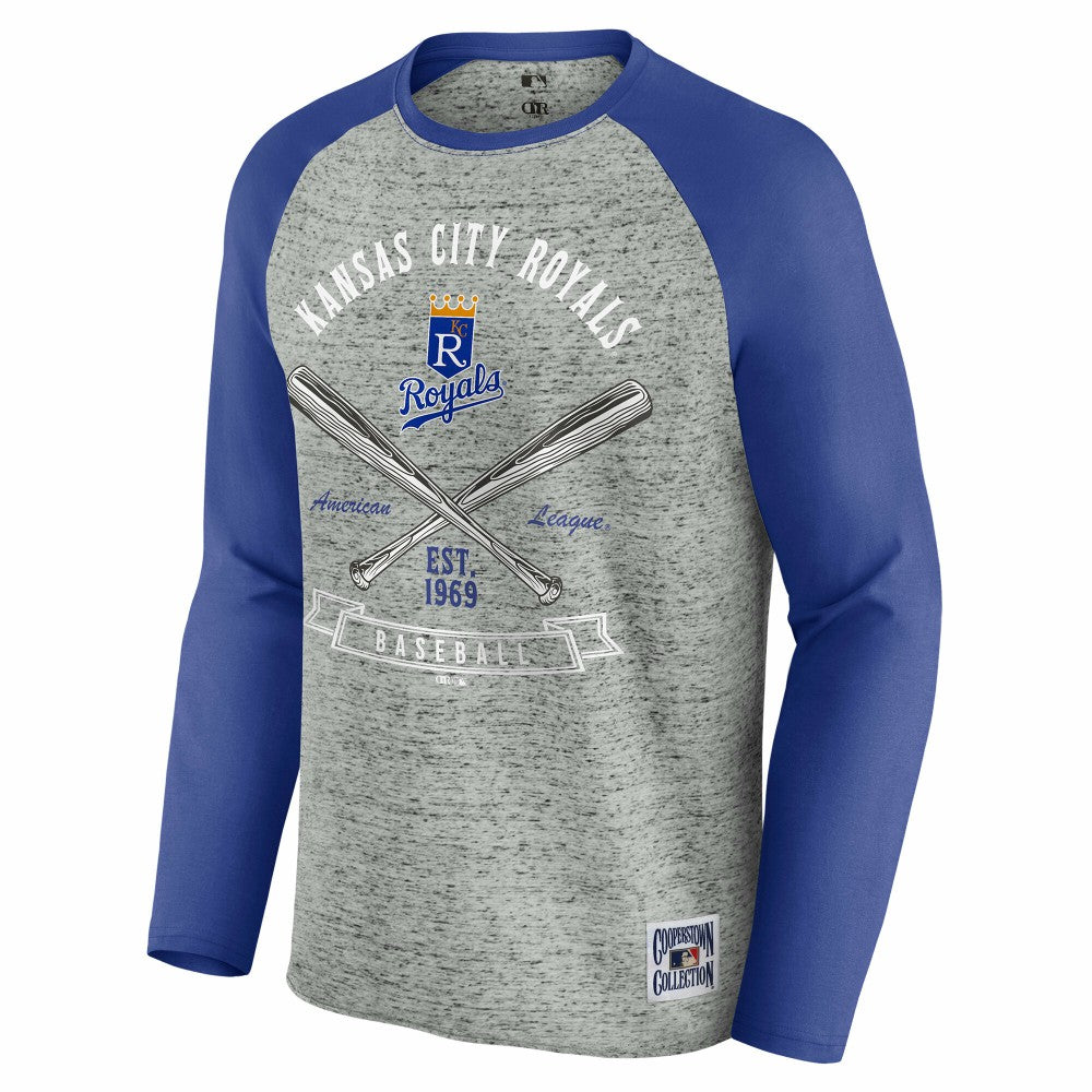 Kansas City Royals Darius Rucker Collection by Fanatics Raw Edge Raglan Long Sleeve Baseball T-Shirt - Heather Gray - Fanatics Sale