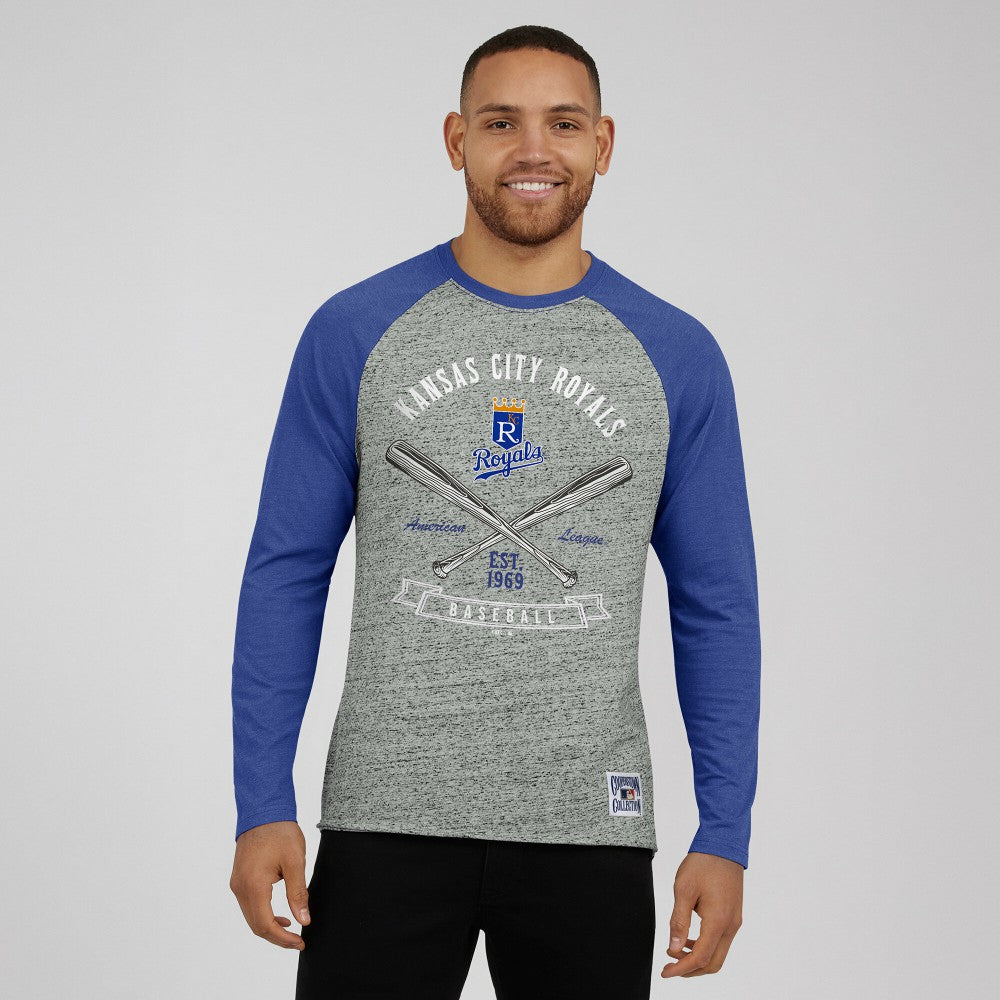 Kansas City Royals Darius Rucker Collection by Fanatics Raw Edge Raglan Long Sleeve Baseball T-Shirt - Heather Gray - Fanatics Sale