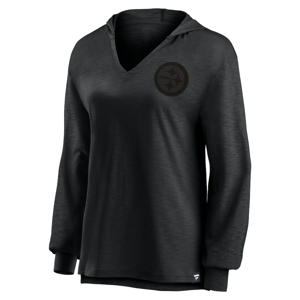 Fanatics Pittsburgh Steelers Women's Blackout Slub Hoodie V-Neck Long Sleeve T-Shirt