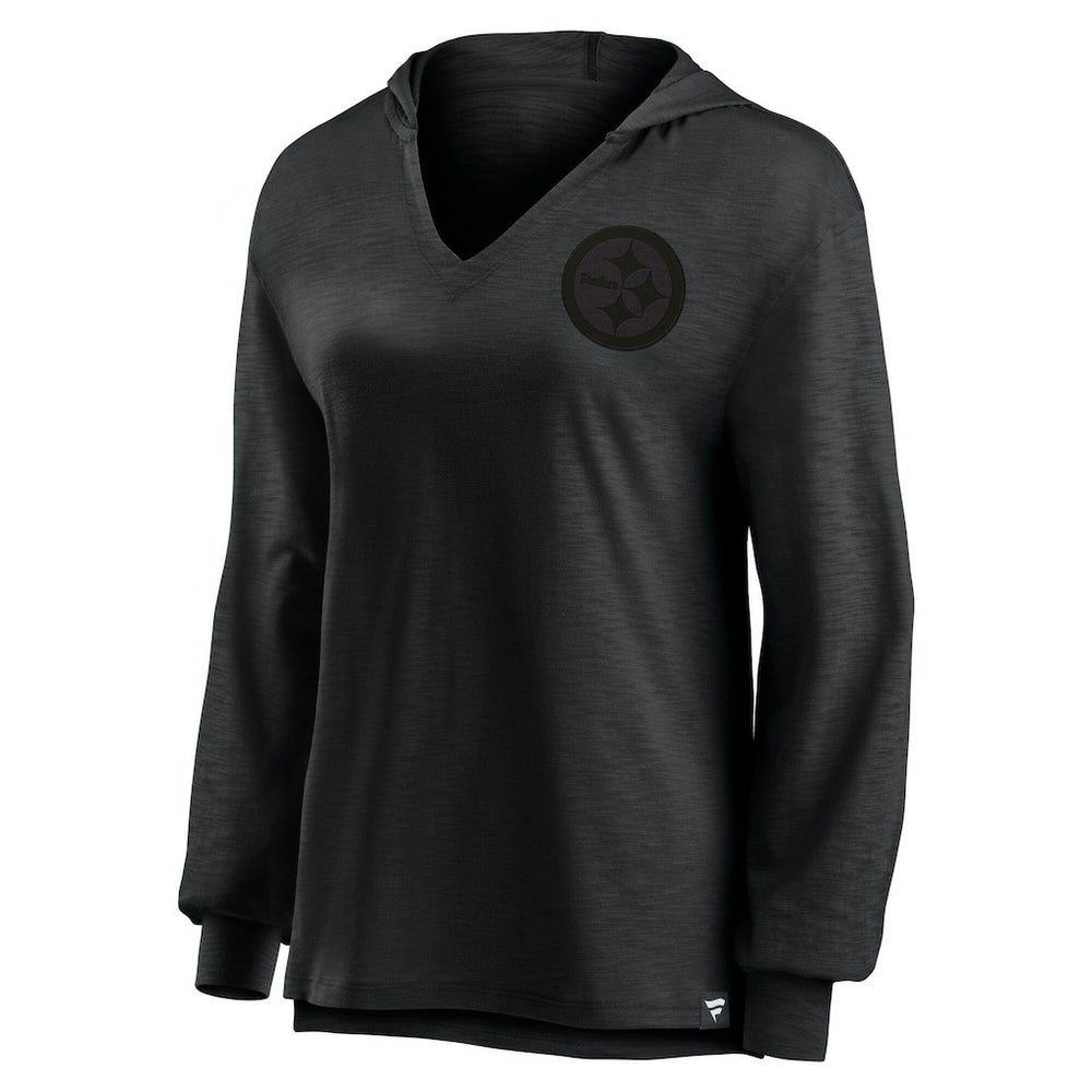 Fanatics Pittsburgh Steelers Women's Blackout Slub Hoodie V-Neck Long Sleeve T-Shirt