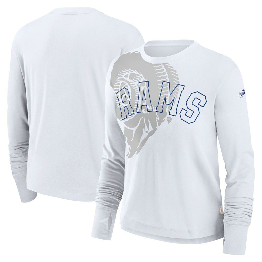 Nike Los Angeles Rams Women's Layered Logo Cropped Long Sleeve Fashion T-Shirt White