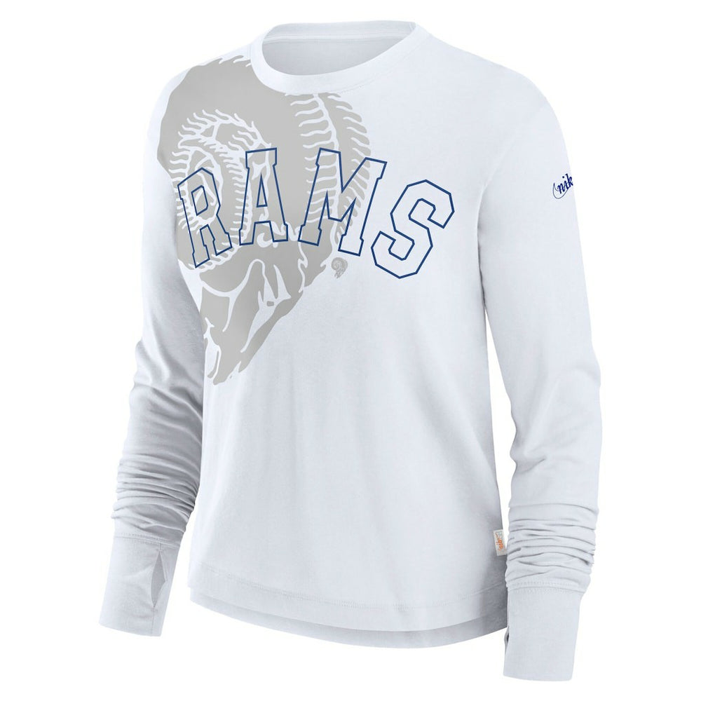 Nike Los Angeles Rams Women's Layered Logo Cropped Long Sleeve Fashion T-Shirt White
