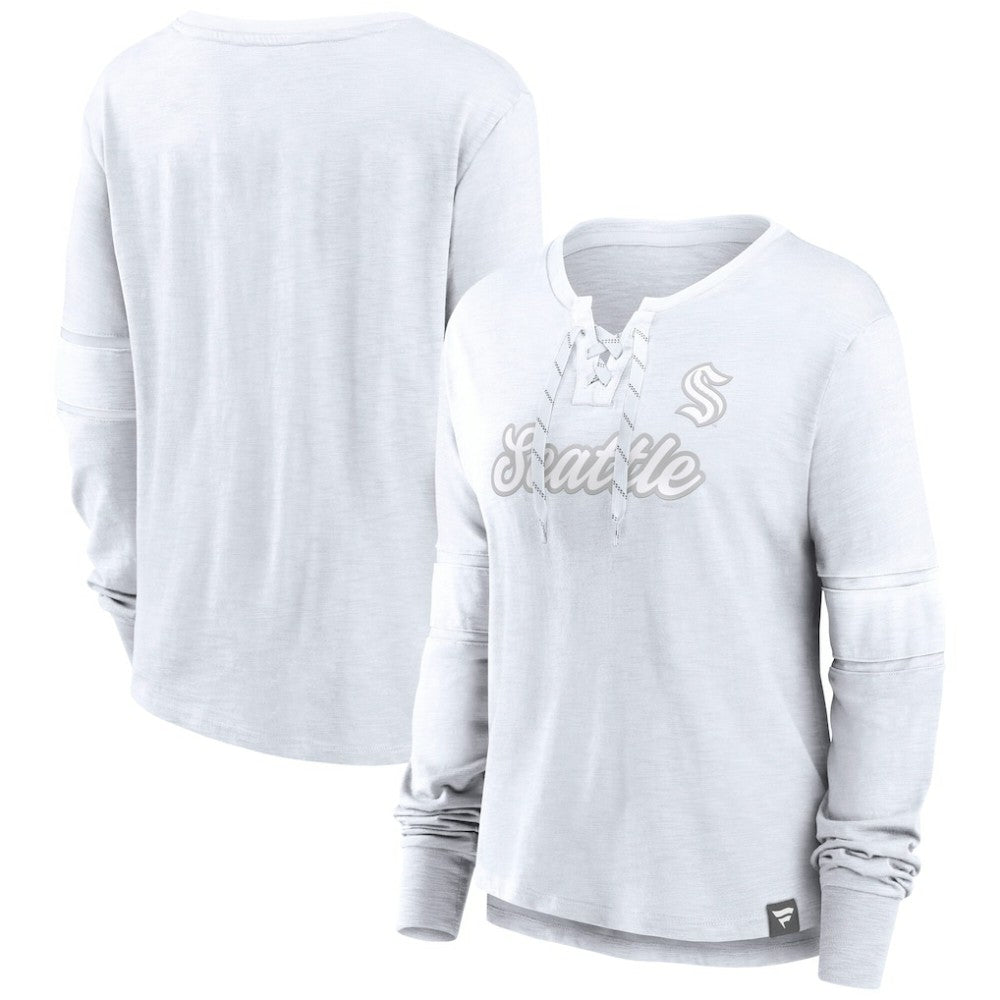 Seattle Kraken Fanatics Women's White Out Lace-Up Fashion Long Sleeve T-Shirt - NHL 202683375