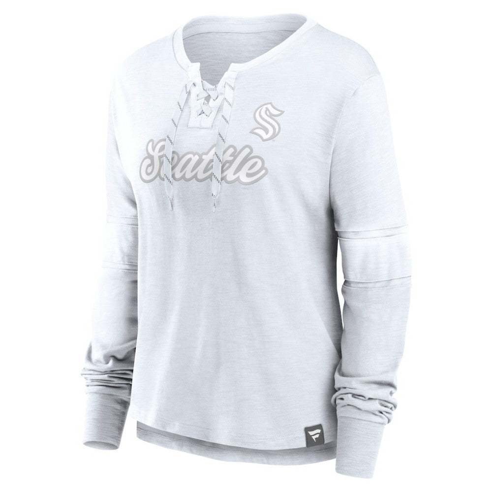 Seattle Kraken Fanatics Women's White Out Lace-Up Fashion Long Sleeve T-Shirt - NHL 202683375