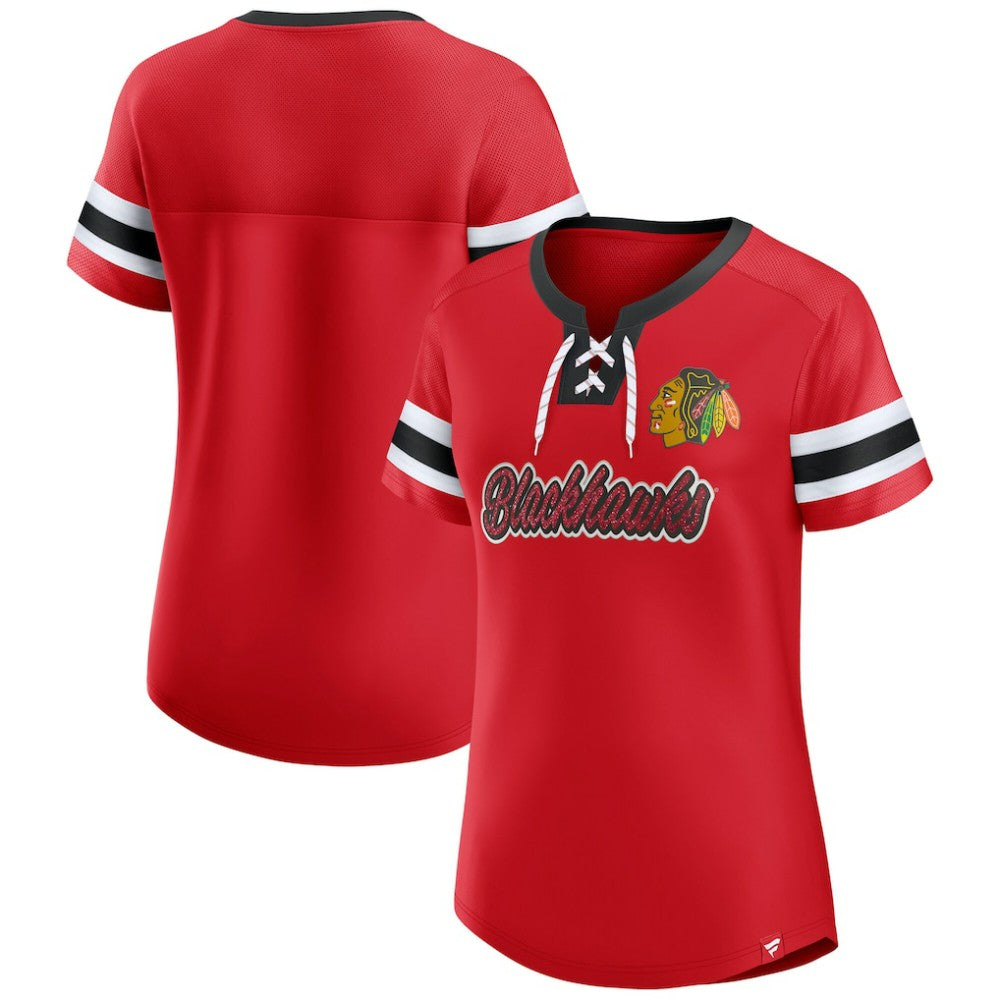 Chicago Blackhawks Fanatics Women's Iconic Athena Lace-Up T-Shirt - Red - NHL 202683979