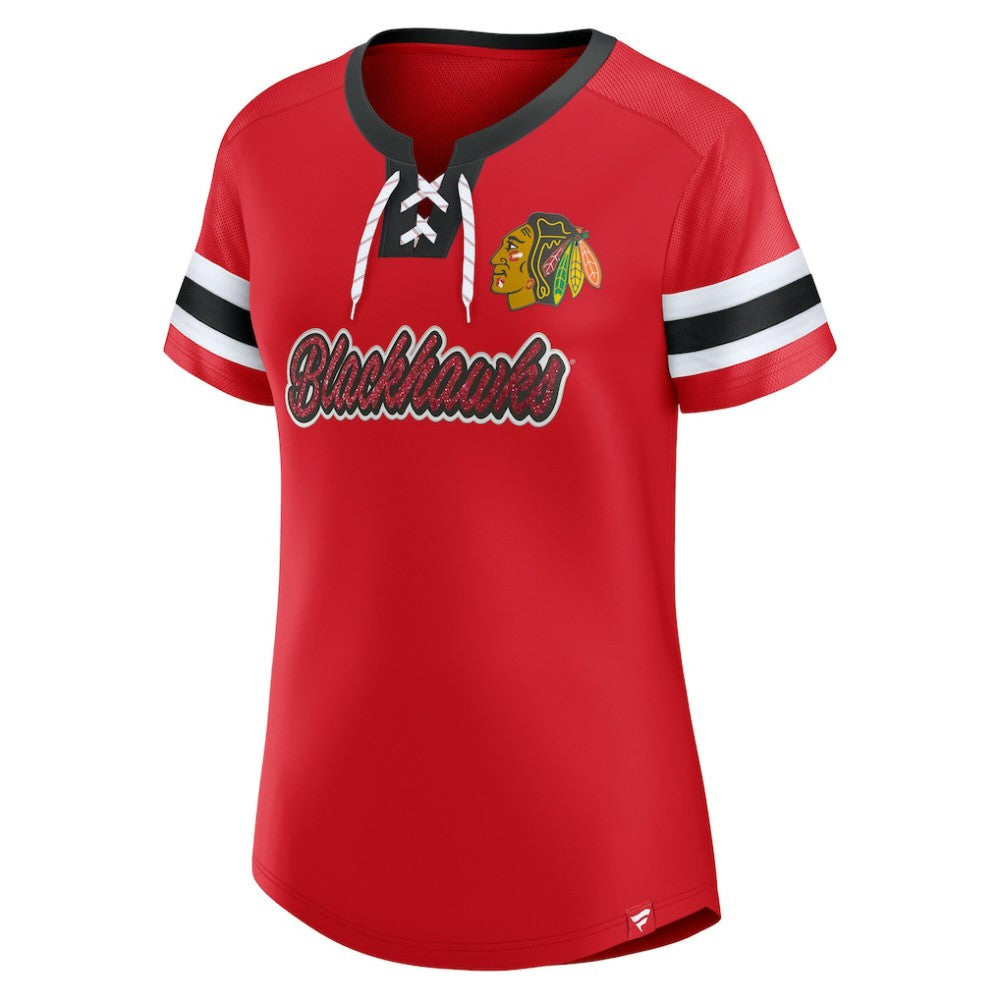 Chicago Blackhawks Fanatics Women's Iconic Athena Lace-Up T-Shirt - Red - NHL 202683979