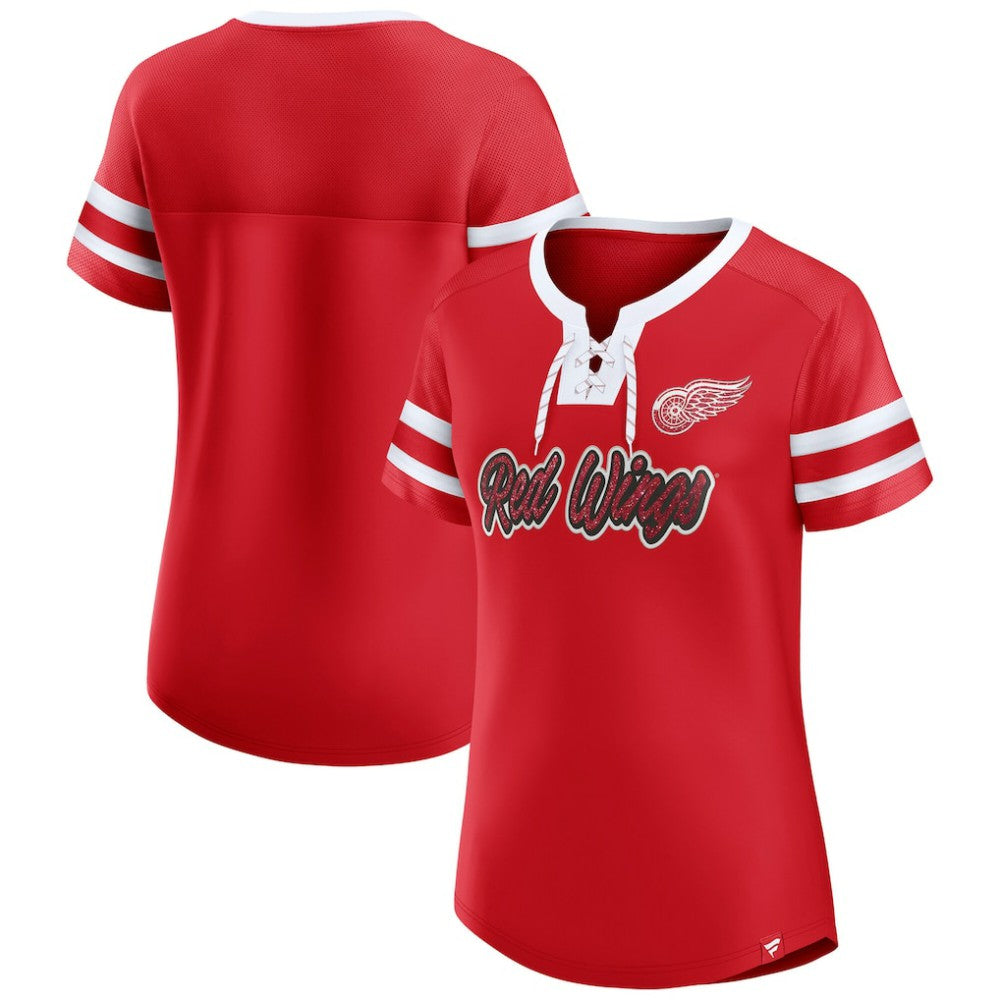 Detroit Red Wings Fanatics Women's Iconic Athena Lace-Up T-Shirt - Red - NHL 202683986
