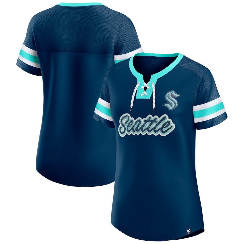 Seattle Kraken Fanatics Women's Iconic Athena Lace-Up T-Shirt - Deep Sea Blue - NHL 202683991