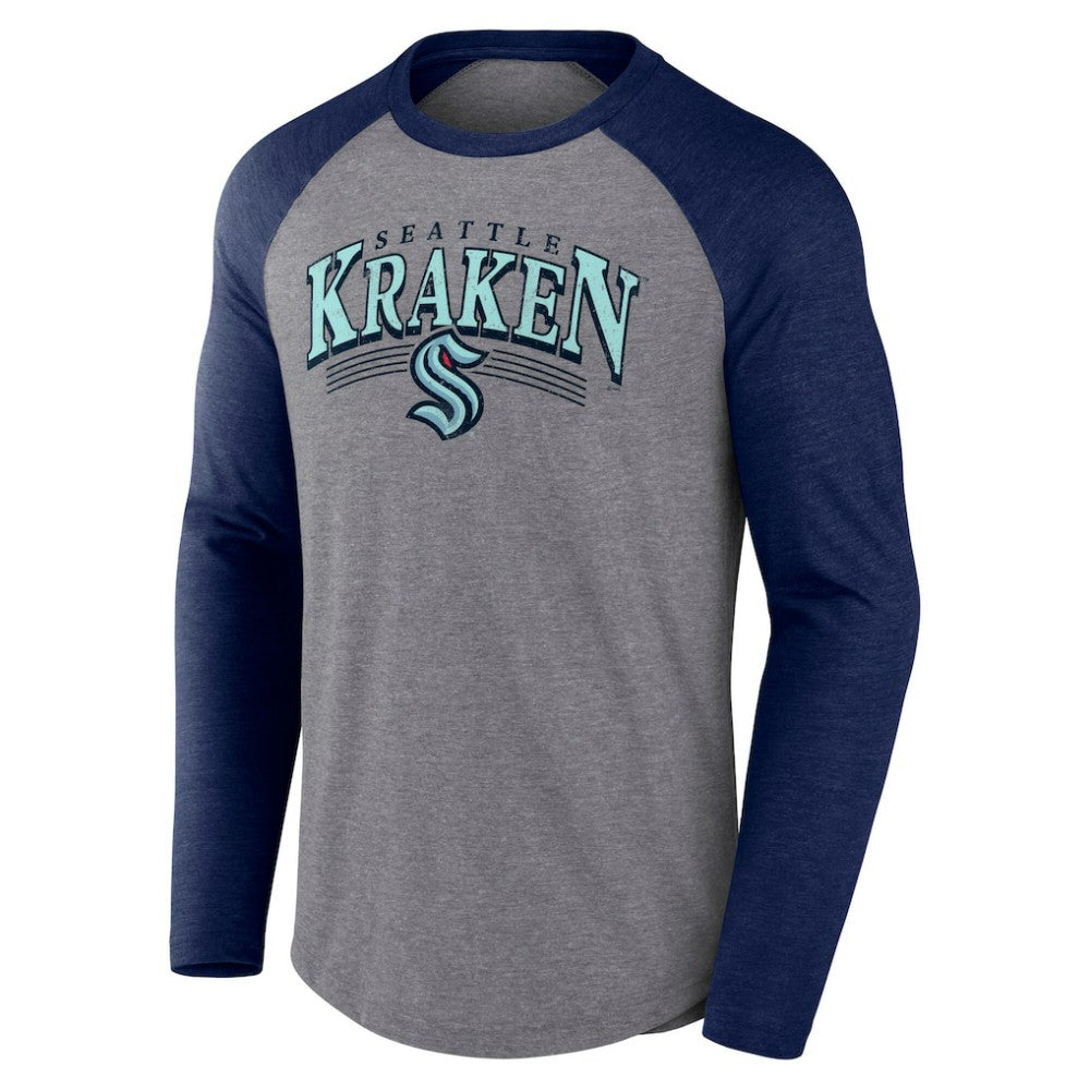 Seattle Kraken Fanatics Goal Crease Raglan Tri-Blend Long Sleeve T-Shirt - Heather Gray/Heather Deep Sea Blue - NHL 202688695