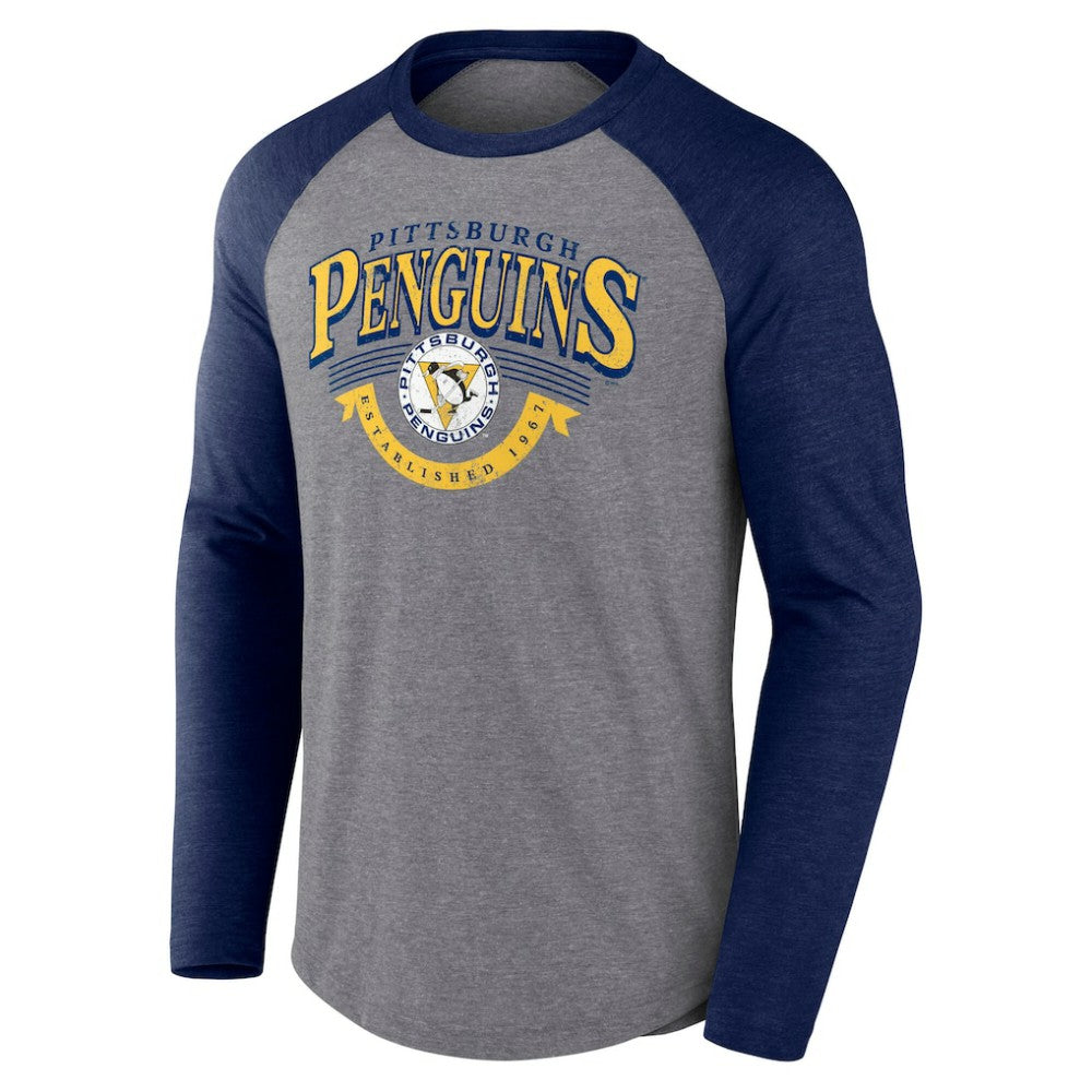 Pittsburgh Penguins Fanatics Goal Crease Raglan Tri-Blend Long Sleeve T-Shirt - Heather Gray/Heather Navy - NHL 202688696
