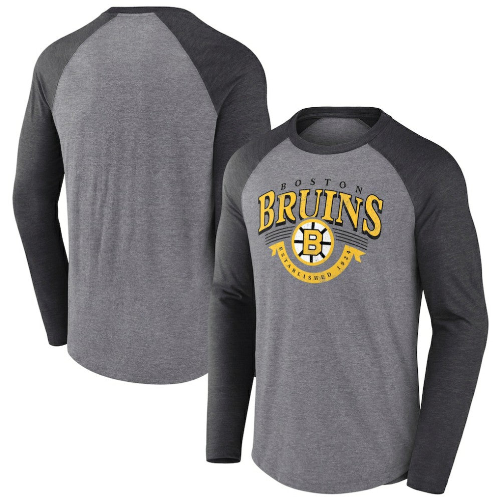 Boston Bruins Fanatics Goal Crease Raglan Tri-Blend Long Sleeve T-Shirt - Heather Gray/Heather Charcoal - NHL 202688698
