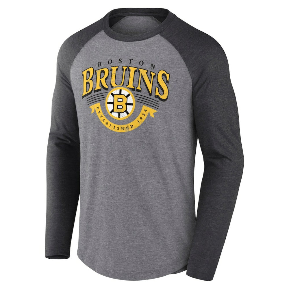 Boston Bruins Fanatics Goal Crease Raglan Tri-Blend Long Sleeve T-Shirt - Heather Gray/Heather Charcoal - NHL 202688698
