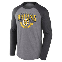 Boston Bruins Fanatics Goal Crease Raglan Tri-Blend Long Sleeve T-Shirt - Heather Gray/Heather Charcoal - NHL 202688698