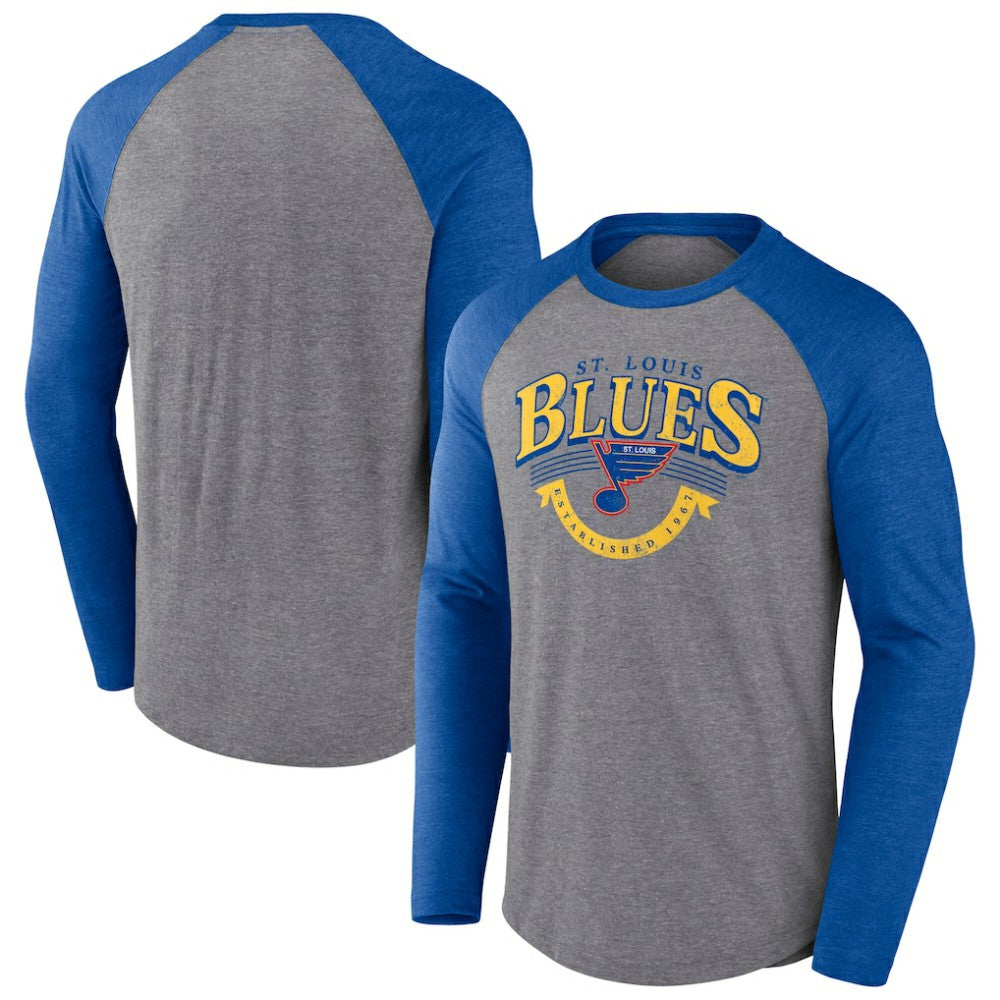 St. Louis Blues Fanatics Goal Crease Raglan Tri-Blend Long Sleeve T-Shirt - Heather Gray/Heather Blue - NHL 202688699