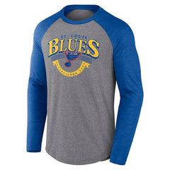 St. Louis Blues Fanatics Goal Crease Raglan Tri-Blend Long Sleeve T-Shirt - Heather Gray/Heather Blue - NHL 202688699
