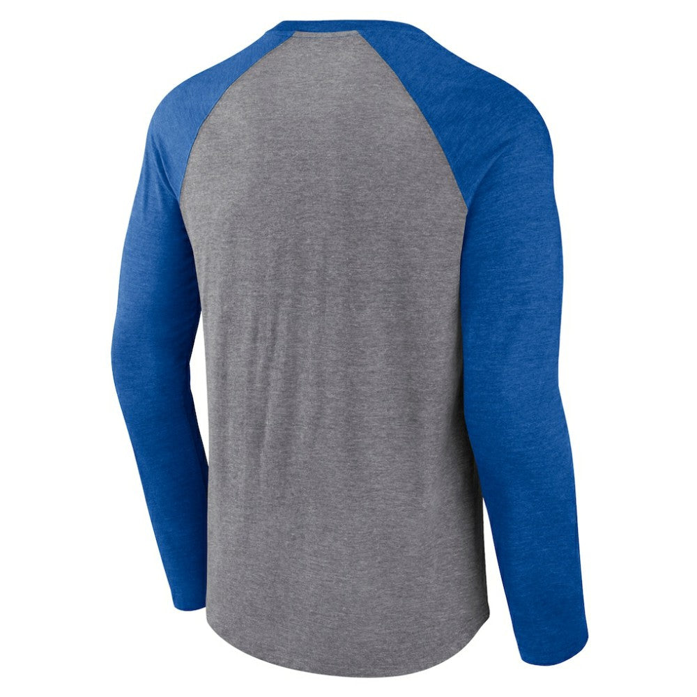 St. Louis Blues Fanatics Goal Crease Raglan Tri-Blend Long Sleeve T-Shirt - Heather Gray/Heather Blue - NHL 202688699