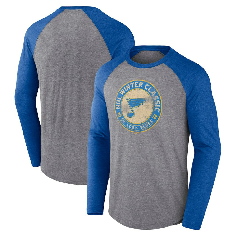 St. Louis Blues Fanatics 2022 NHL Winter Classic Vintage Distressed Raglan Tri-Blend Long Sleeve T-Shirt - Heather Gray/Heather Blue - NHL 202688701