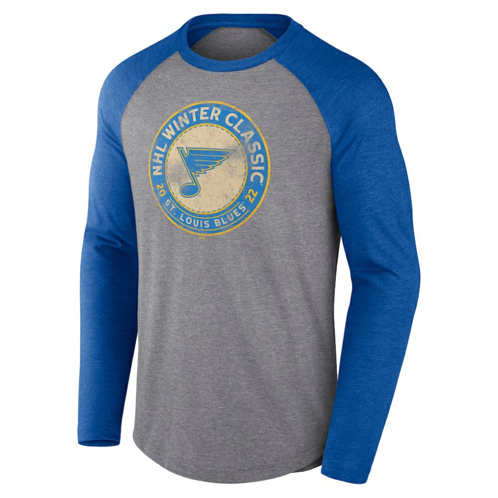 St. Louis Blues Fanatics 2022 NHL Winter Classic Vintage Distressed Raglan Tri-Blend Long Sleeve T-Shirt - Heather Gray/Heather Blue - NHL 202688701