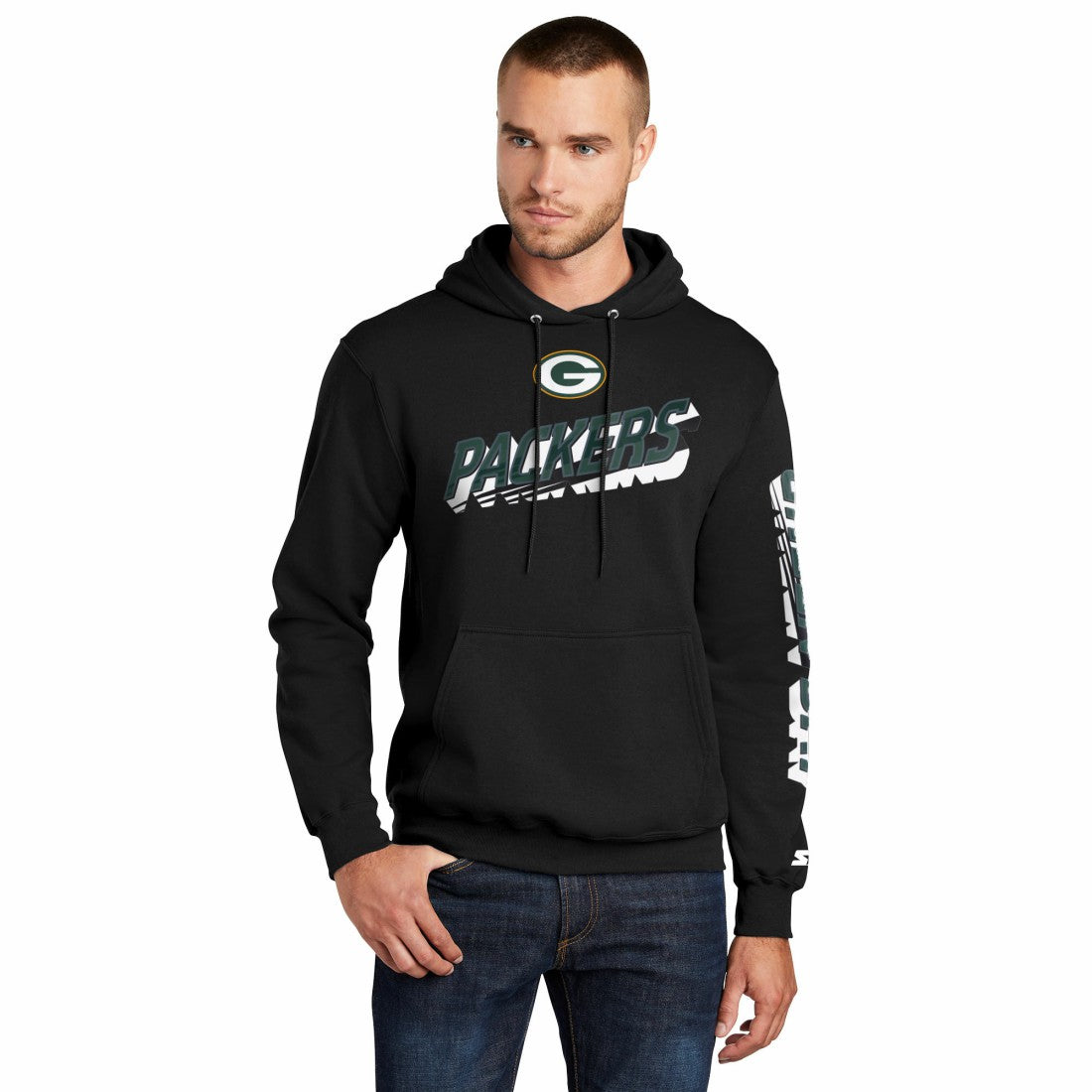 Green Bay Packers Starter Wordmark Logo Pullover Hoodie Black