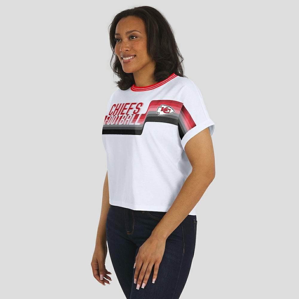 Kansas City Chiefs WEAR by Erin Andrews Women's Cropped Center Stripe Dolman T-Shirt White