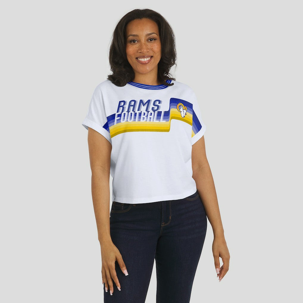 Los Angeles Rams WEAR by Erin Andrews Women's Cropped Center Stripe Dolman T-Shirt White