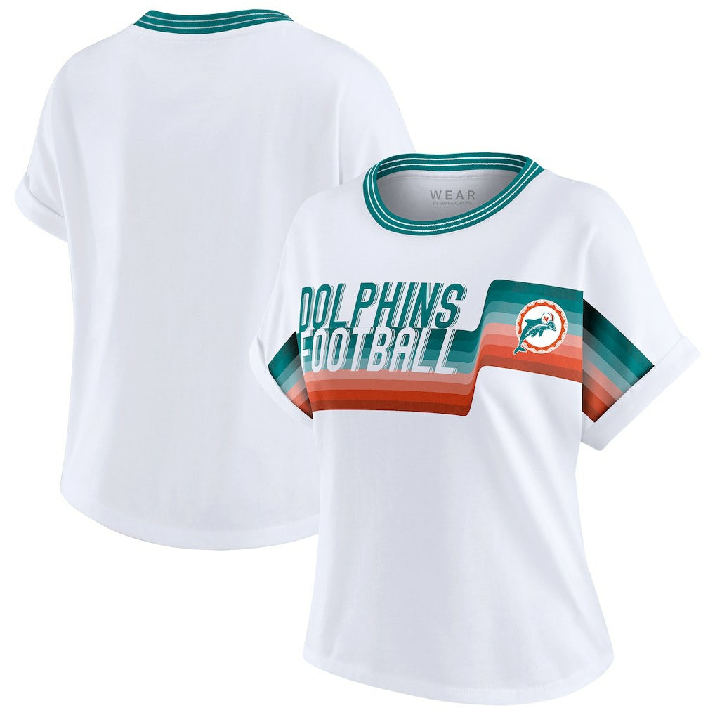 Miami Dolphins WEAR by Erin Andrews Women's Cropped Center Stripe Dolman T-Shirt White