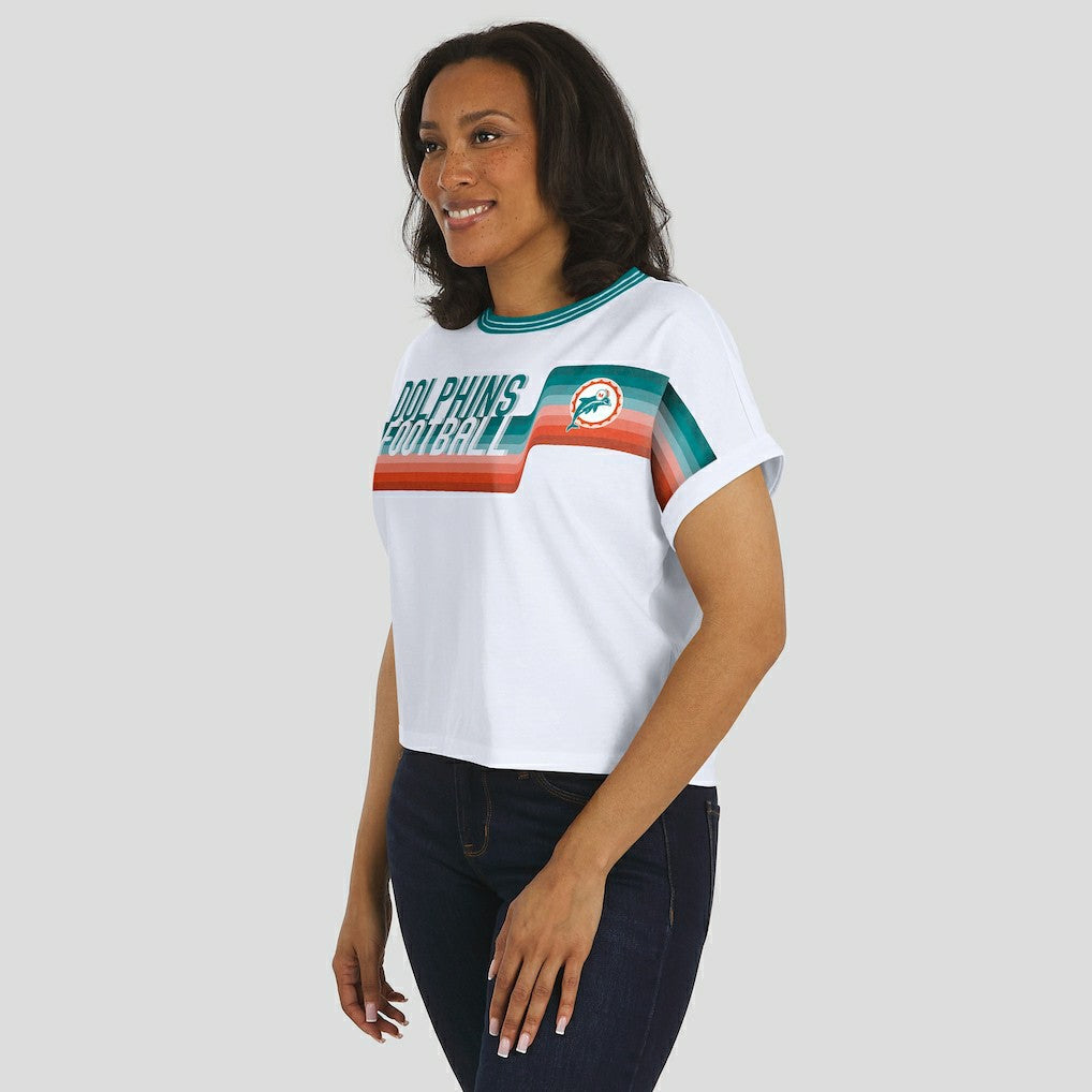 Miami Dolphins WEAR by Erin Andrews Women's Cropped Center Stripe Dolman T-Shirt White