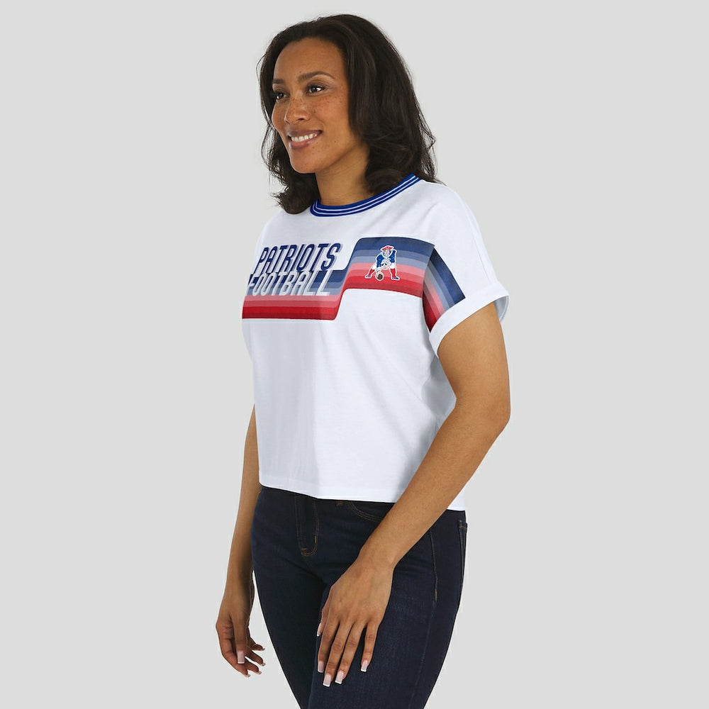 New England Patriots WEAR by Erin Andrews Women's Cropped Center Stripe Dolman T-Shirt White