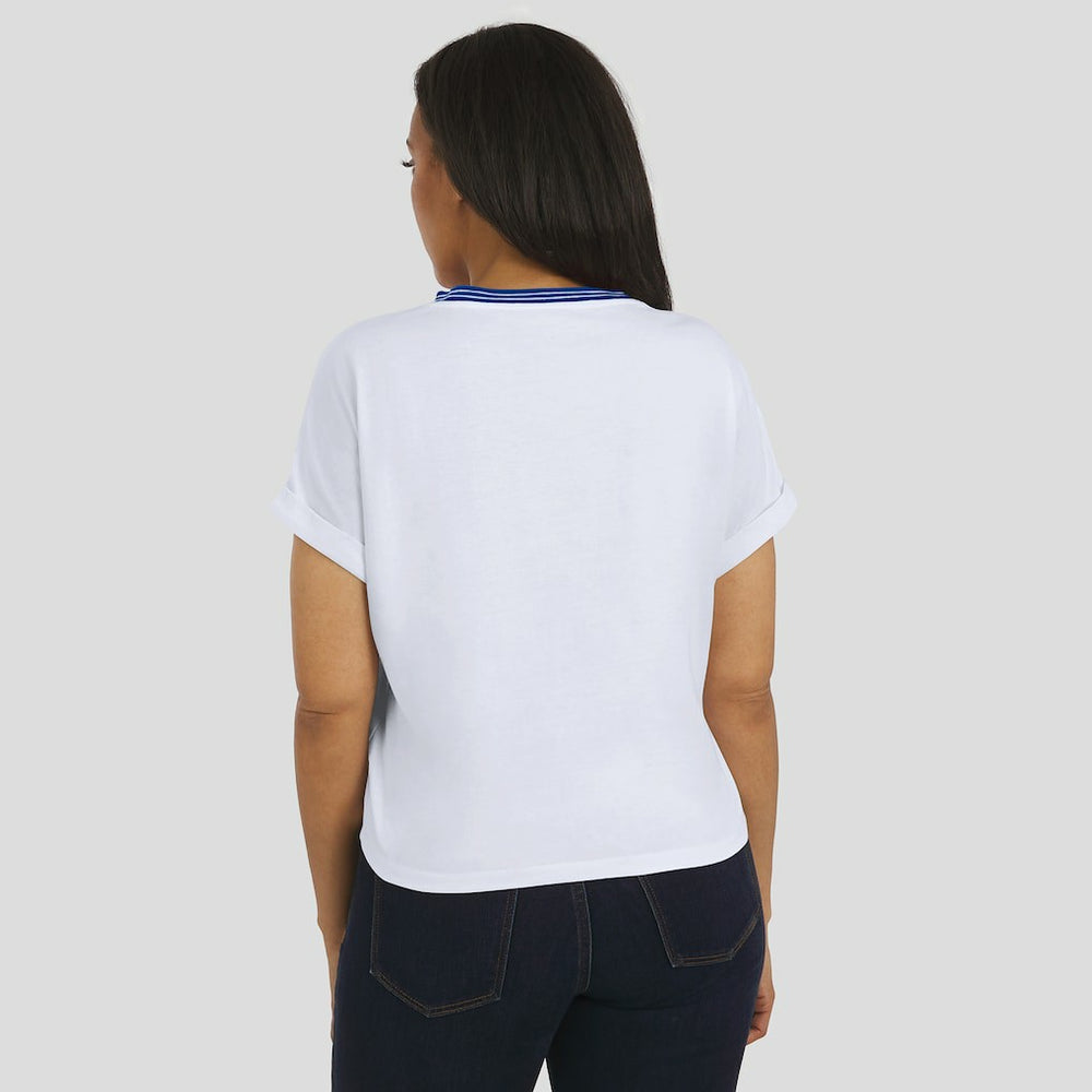 New England Patriots WEAR by Erin Andrews Women's Cropped Center Stripe Dolman T-Shirt White