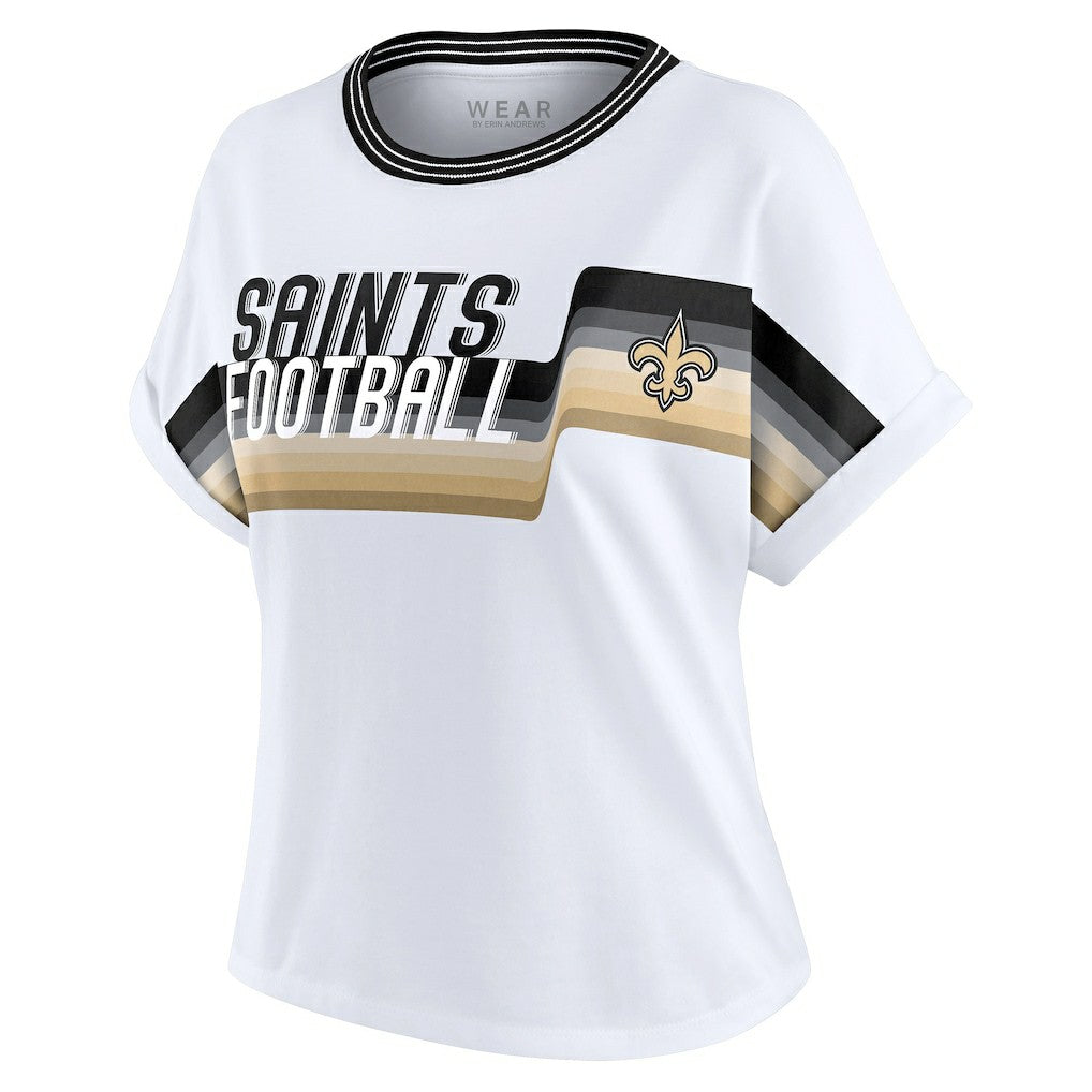 New Orleans Saints WEAR by Erin Andrews Women's Cropped Center Stripe Dolman T-Shirt White