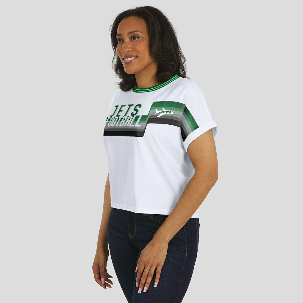 New York Jets WEAR by Erin Andrews Women's Cropped Center Stripe Dolman T-Shirt White