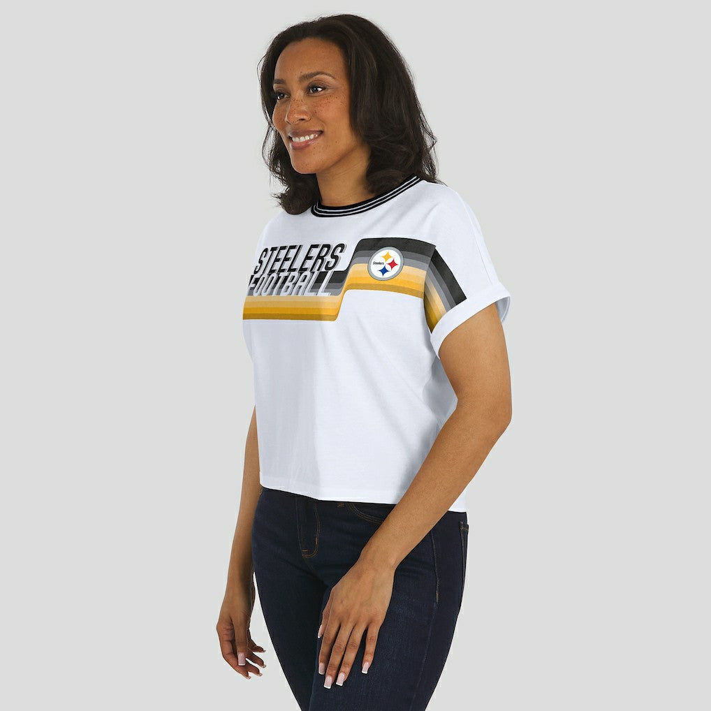 Pittsburgh Steelers WEAR by Erin Andrews Women's Cropped Center Stripe Dolman T-Shirt White