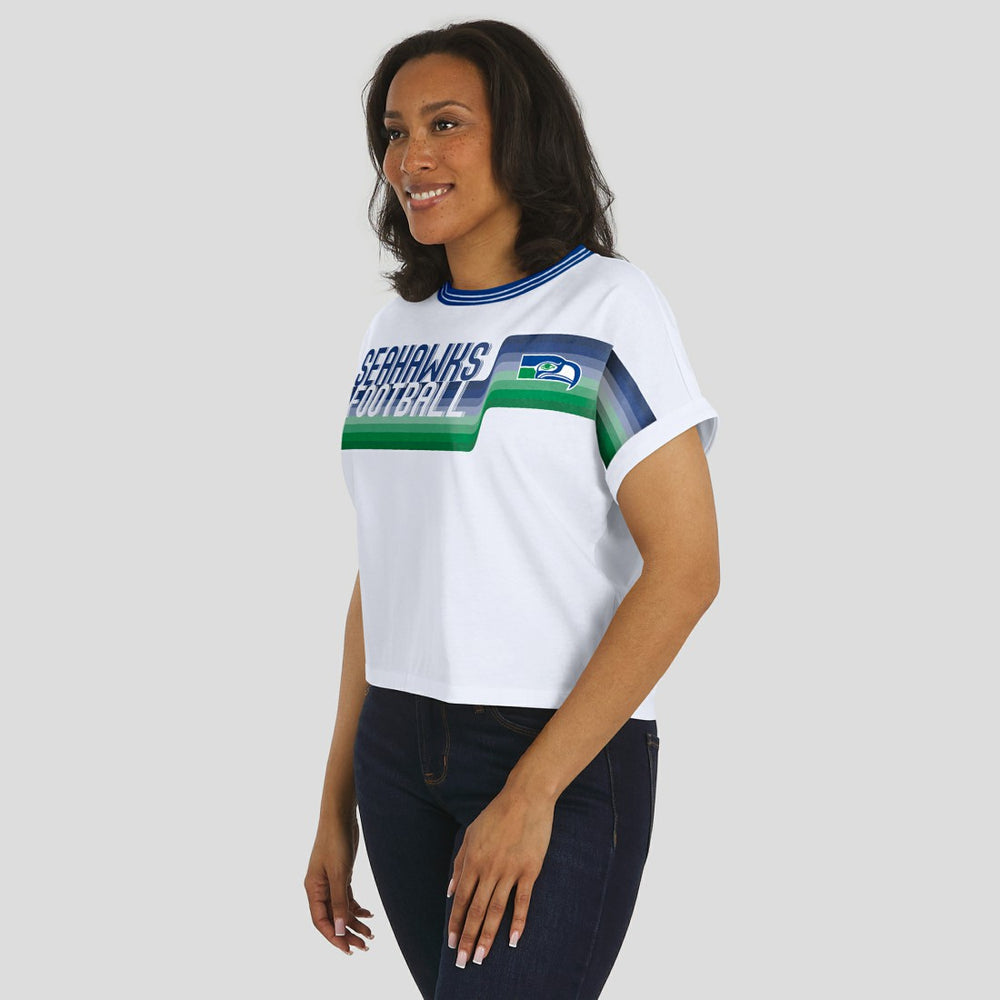 Seattle Seahawks WEAR by Erin Andrews Women's Cropped Center Stripe Dolman T-Shirt White