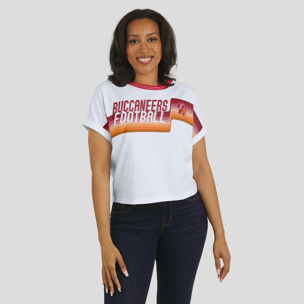 Tampa Bay Buccaneers WEAR by Erin Andrews Women's Cropped Center Stripe Dolman T-Shirt White