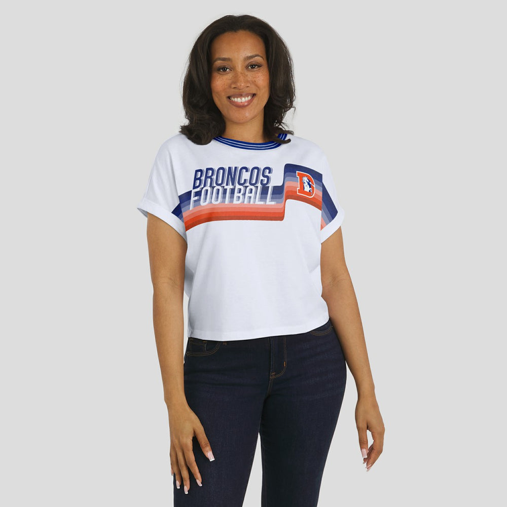 Denver Broncos WEAR by Erin Andrews Women's Cropped Center Stripe Dolman T-Shirt White