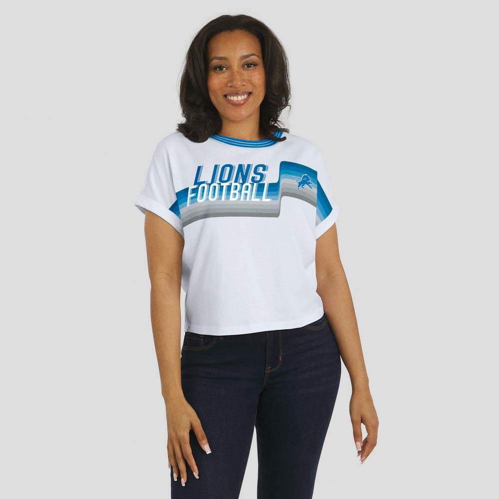 Detroit Lions WEAR by Erin Andrews Women's Cropped Center Stripe Dolman T-Shirt White