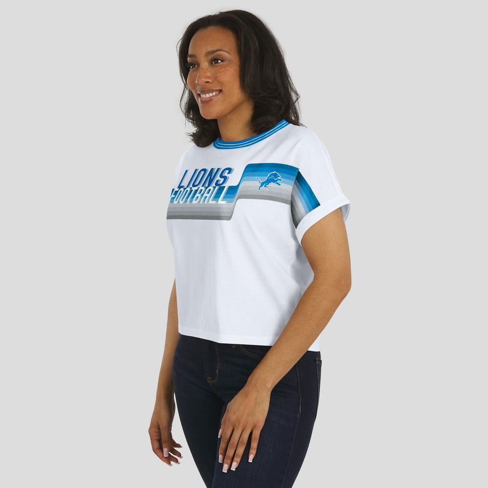 Detroit Lions WEAR by Erin Andrews Women's Cropped Center Stripe Dolman T-Shirt White
