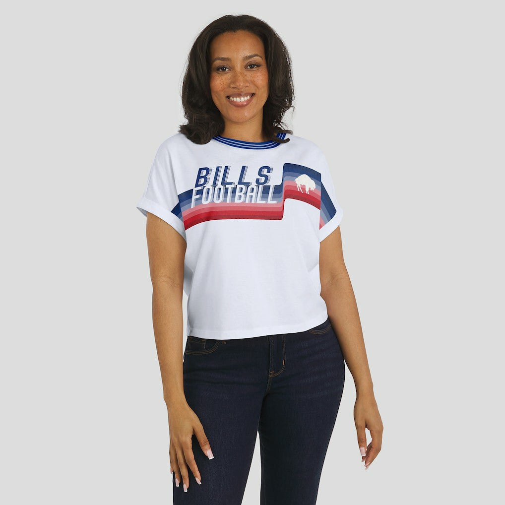 Buffalo Bills WEAR by Erin Andrews Women's Cropped Center Stripe Dolman T-Shirt White