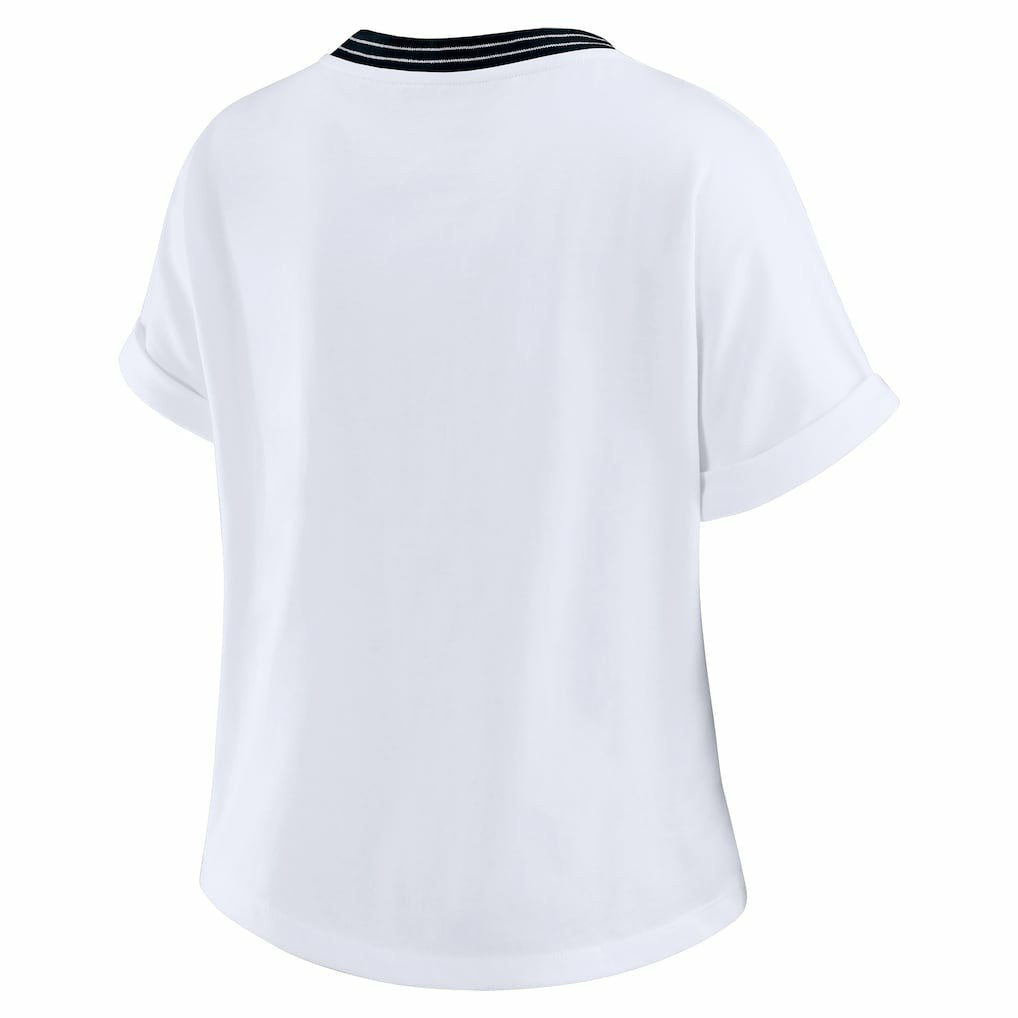 Carolina Panthers WEAR by Erin Andrews Women's Cropped Center Stripe Dolman T-Shirt White