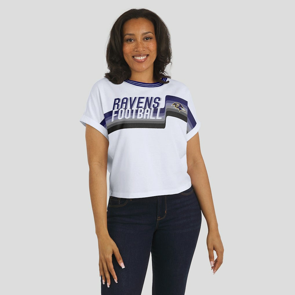Baltimore Ravens WEAR by Erin Andrews Women's Cropped Center Stripe Dolman T-Shirt White