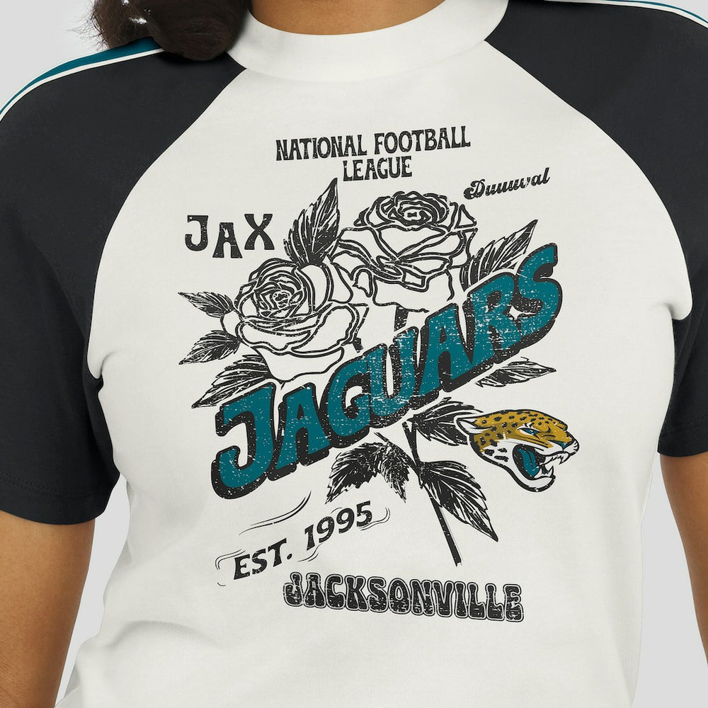 Jacksonville Jaguars WEAR by Erin Andrews Women's Sleeve Stripe Distressed Raglan T-Shirt White