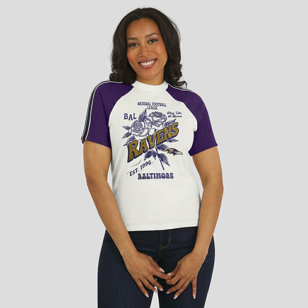 Baltimore Ravens WEAR by Erin Andrews Women's Sleeve Stripe Distressed Raglan T-Shirt White