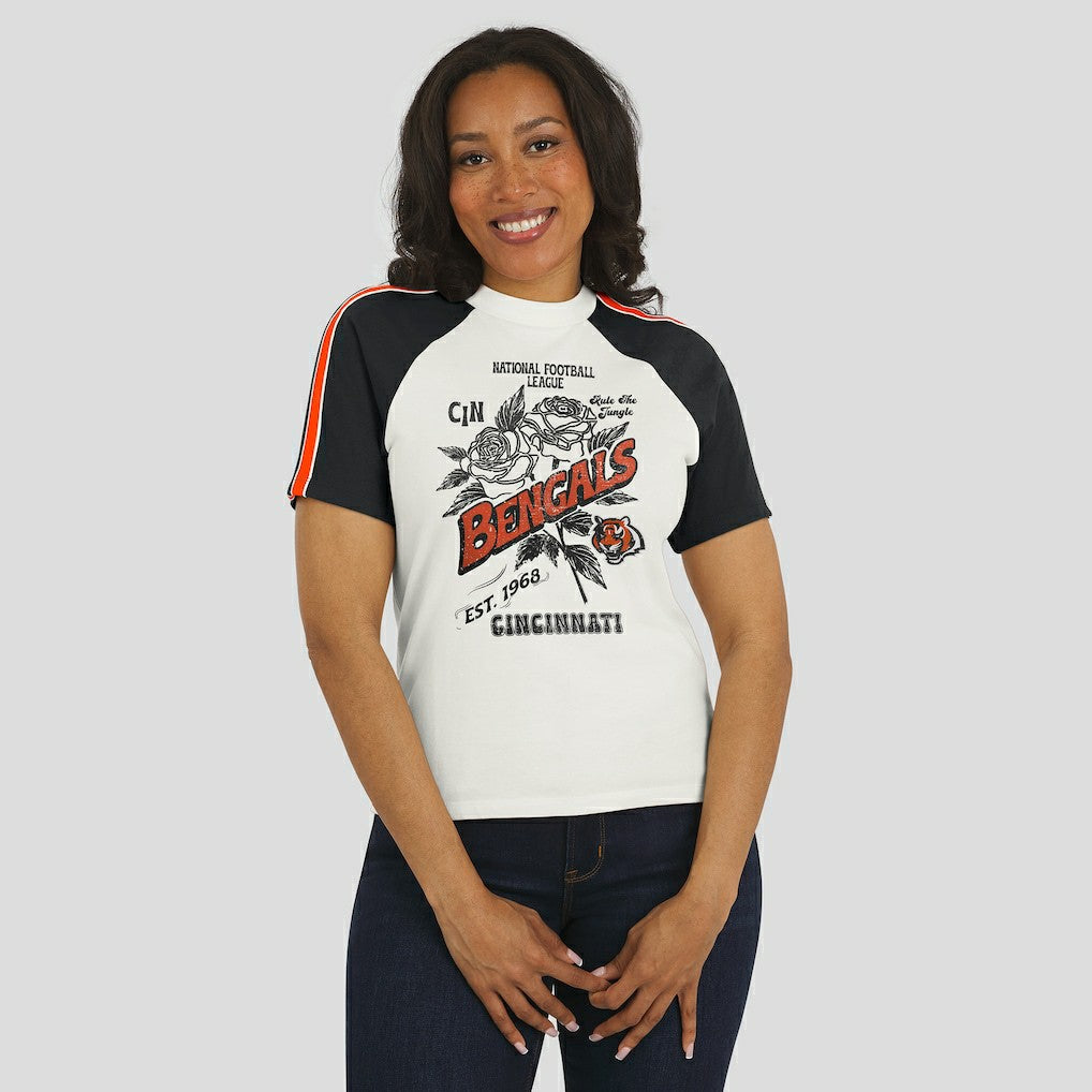 Cincinnati Bengals WEAR by Erin Andrews Women's Sleeve Stripe Distressed Raglan T-Shirt White